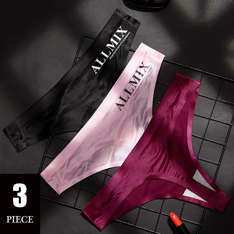 

3Pcs Women's Sexy Underwear Letters Transparent Ice Silk Low Waist Sports Fitness One-piece Seamless Female Thong, Apricotwinered white