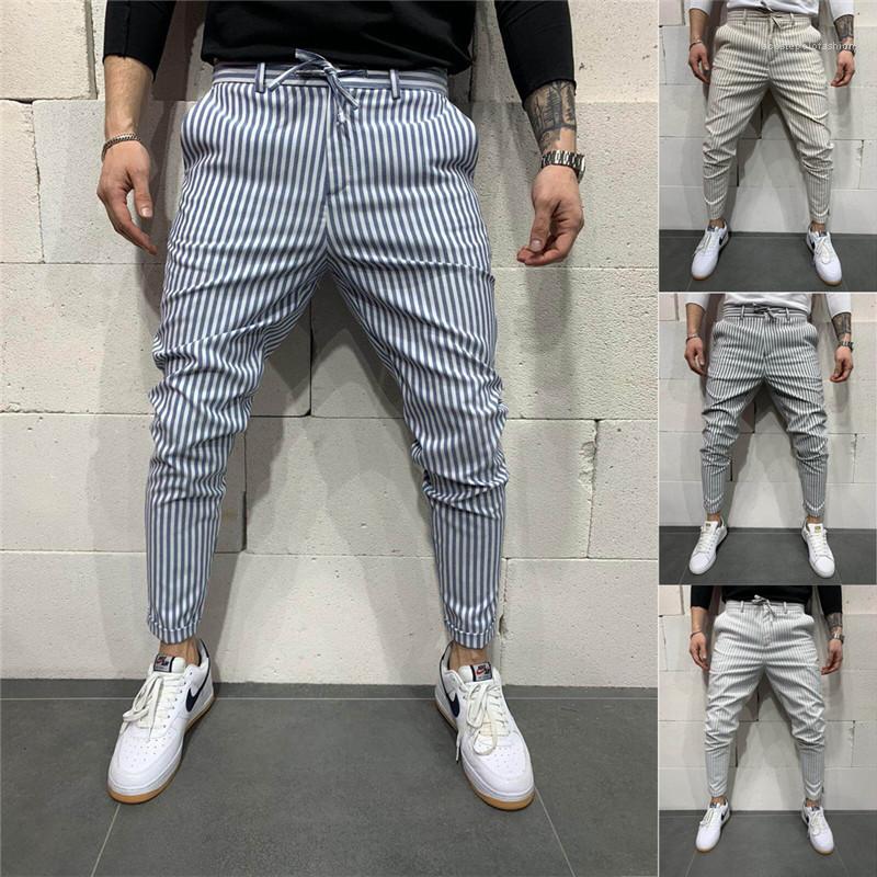 New Slim Fit Casual Pencil Pants Male Designer Pants Mens Striped Lace Up Casual Trousers