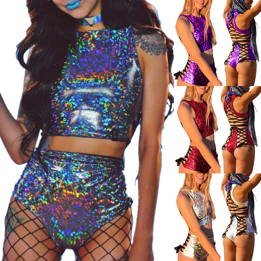

Festival Queen Holographic Crop Top and Hot Shorts Two Piece Set Sexy Lace Up Festival Party Rave Clothing Women 2 Piece Sets, Grey