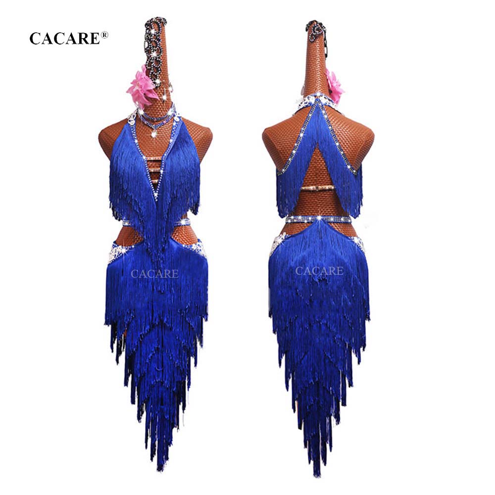 Latin Dance Dress Women Latina Fringed Dress Salsa Latin Dance Competition Dresses CHEAP D0498 Multi-Layers Blue-image-529441115