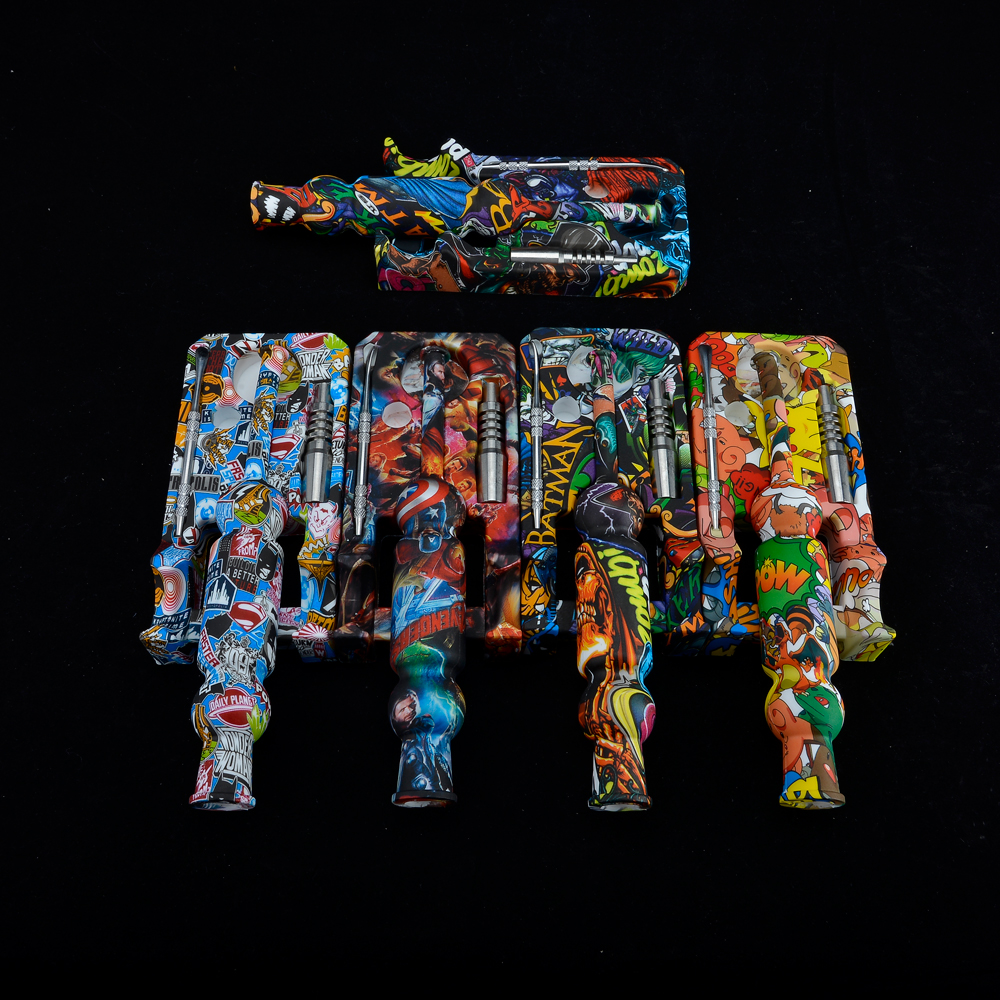 

DHL silicone nc kit oil rig silicone nectar Water transfer printing assorted color oil rig glass bong silicon hookah pipe