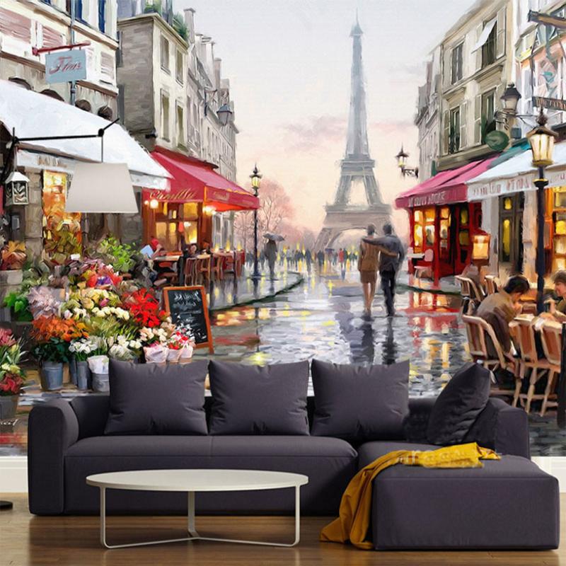 

Custom Murals European Style Eiffel Tower Romantic Street Oil Painting Mural Backdrop Bedroom Living Room Wall Papers Home Decor, As pic
