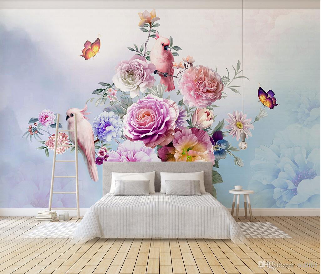 

3d wallpaper custom photo Hand drawn vintage rose parrot tv background wall murals wallpaper for walls 3 d wall-papers 3d on a wall, Picture shows