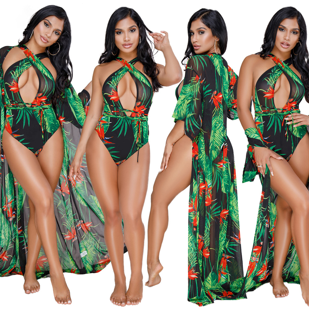 

2020 Best Sales Printed Summer Women Swimsuits Two Pieces Long Sleeves Cardigan + Bikini Bodysuits Backless Halter Sexy Beach Swimwear, Green