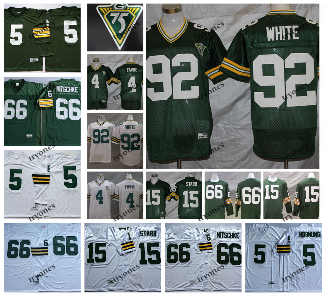 

NCAA Vintage 4 Brett Favre 15 Bart Starr 66 Ray Nitschke 92 Reggie White 5 Paul Hornung Football Jersey Vintage, White66