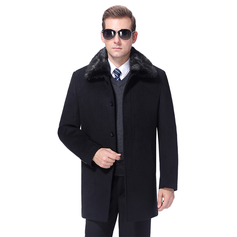 

2019 Men Wool Coat Winter Woolen Coat Cashmere Long Coats Wool Blend Jacket Autumn Men Overcoat Fur Collar Detachable Fur Lining, Grey