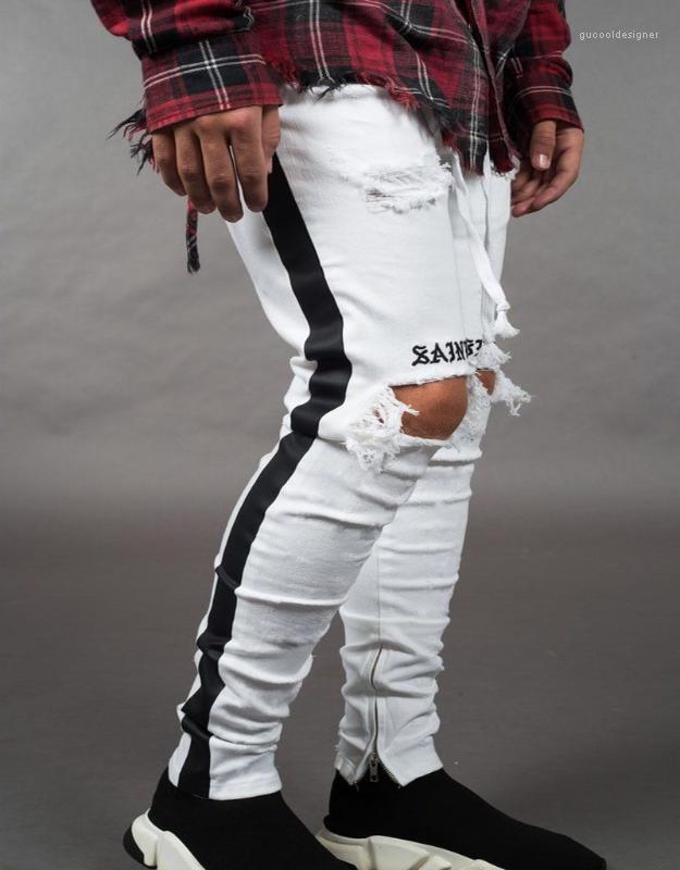 

Pants Mens Jean Pantalones Street Black Holes Designer White Stripes Jeans Hiphop Skateboard Pencil, Blue