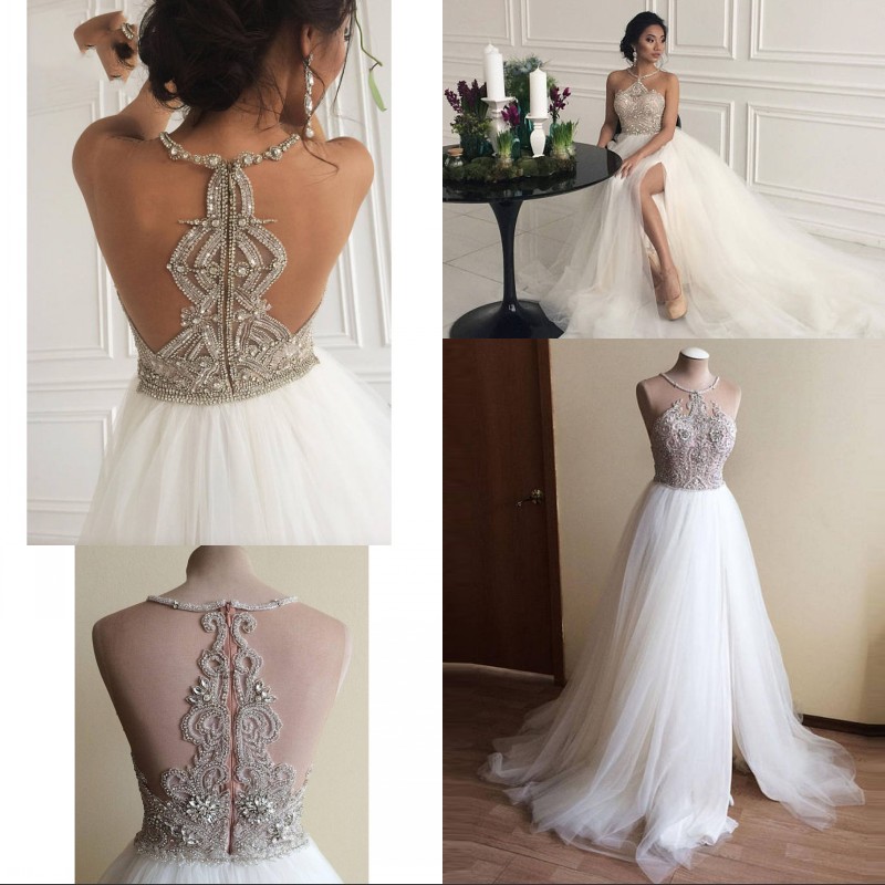 

dubai beach sleeveless crystal beaded wedding dresses real photos halter aline tulle high split bridal gowns robe de mariee, Custom made from color chart