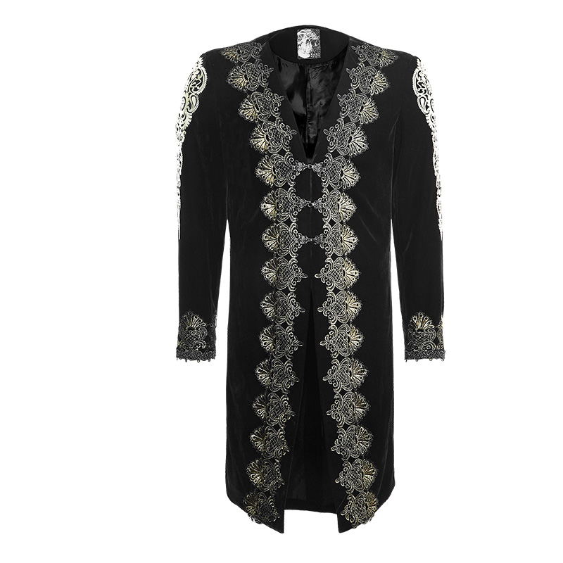 

Punk Rave Steampunk Mens Gothic Black Velvet With Gold Embroidery Jacket Coat Y641 S-XXXL, As pic