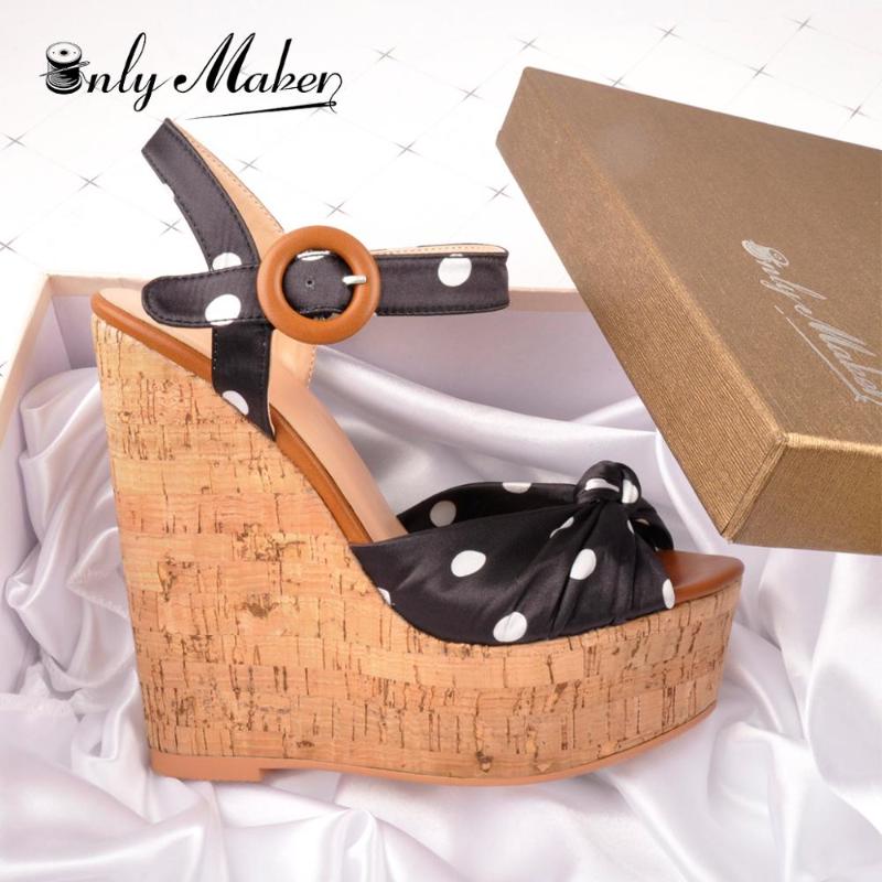 

Onlymaker Women'S Wedge Platform Wood Heel Sandals Polka Dot Ankle Strap Open Toe Sandals For Casual Party High Quality Shoes 37, P90410a