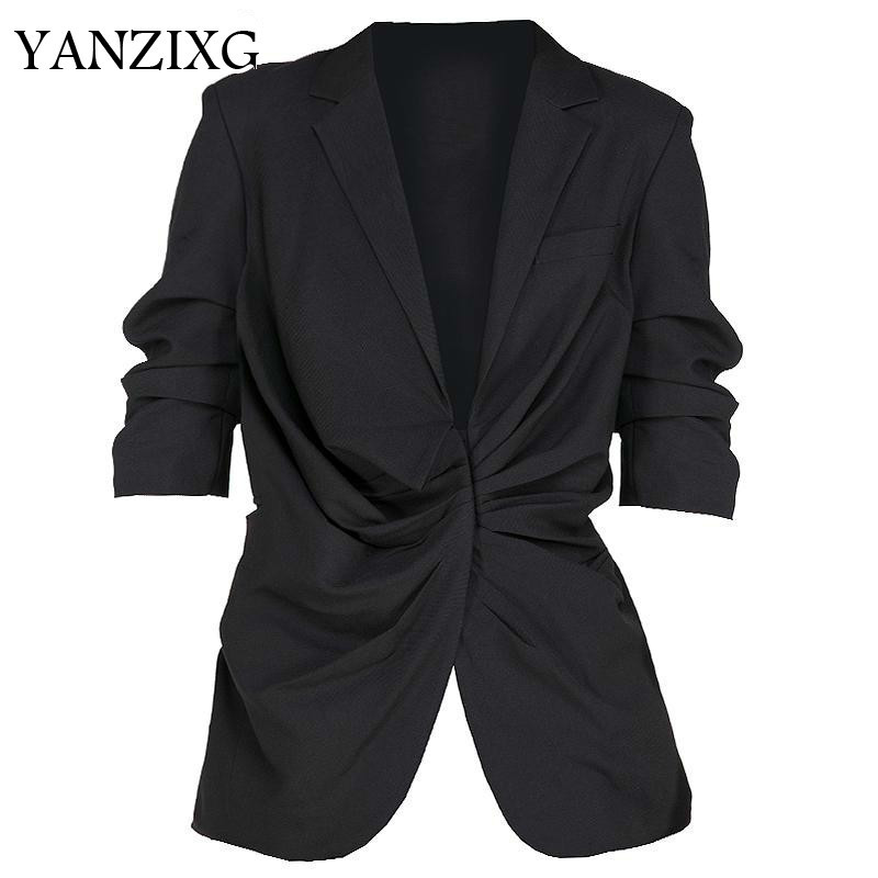 

Women Coat Irregular Three Quarter Short Coats Asymmetry Puff Sleeve Black Vintage Casual Coats Women 2019 New E414