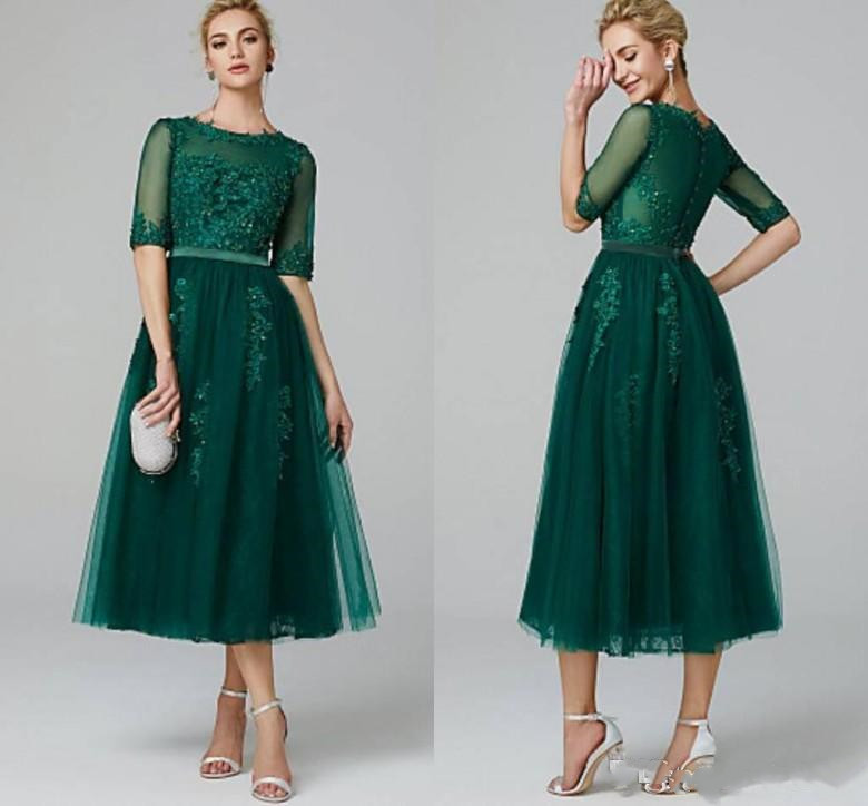 Élégant thé longueur mère de la mariée Robes perles dentelle manches mi-longues appliques de mariage robe de bal Invité occasion spéciale Robes