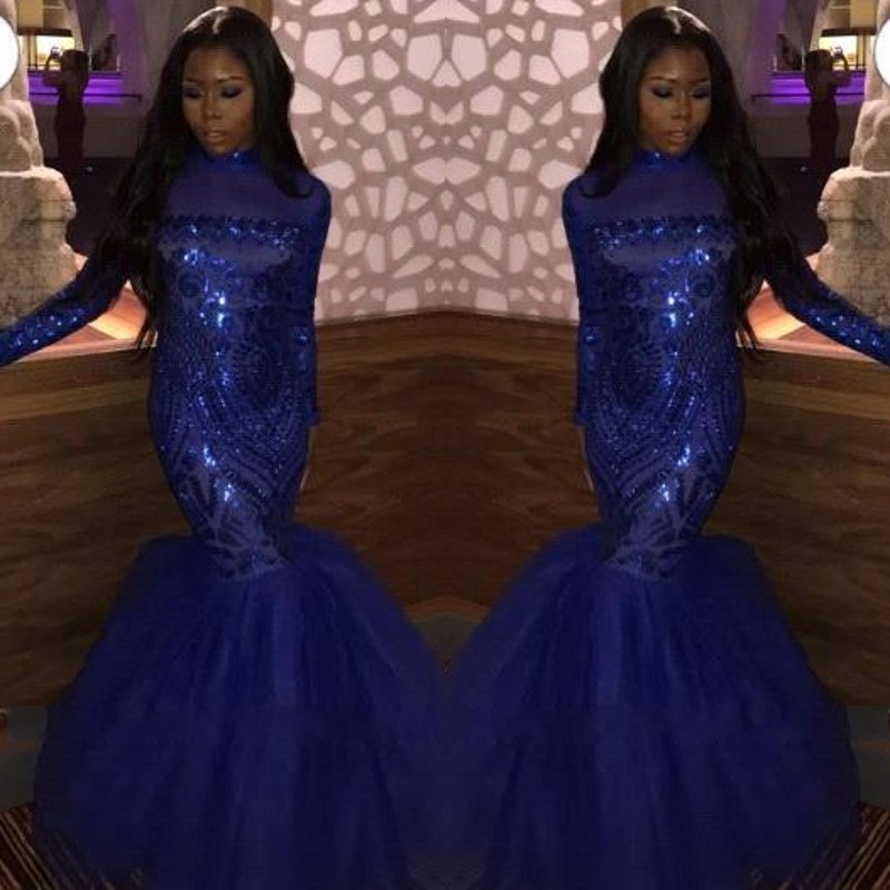 

Sexy Black Girls Sequined Prom Dresses 2020 African Long Sleeves Floor Length Tulle Sequined Evening Gowns BC3444, Blue
