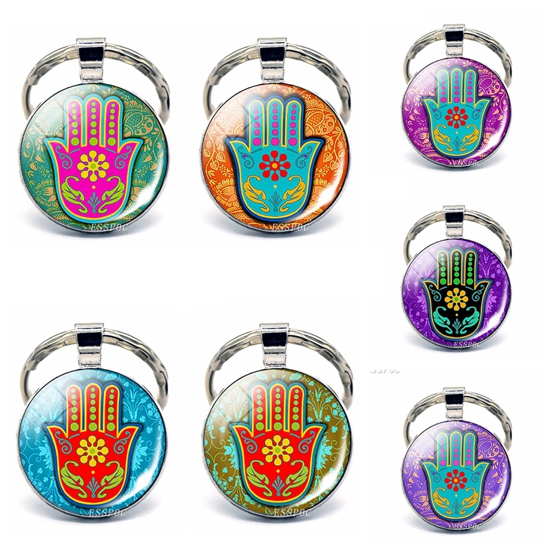 

Hamasa Hand Keychain Lucky Jewelry Hamesh Hand Photo Glass Cabochon Pendant Handmade Gifts for Men Women