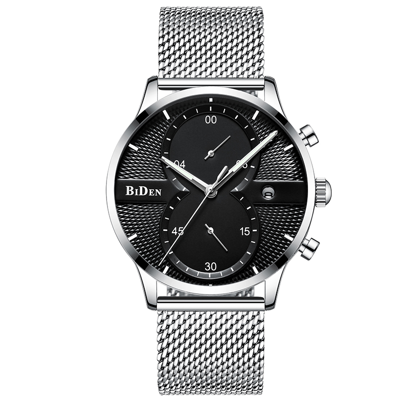

New Fashion Men Waterproof Watch Rose Golden Sliver Top Brand Steel Mesh Band Chronograph Date Men's Sports Wristwatch, Silver