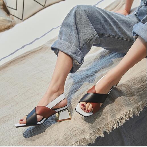 

New Type Open Toe Rough Square and One-Word Lap-Up Simple Women's Sandals, Black