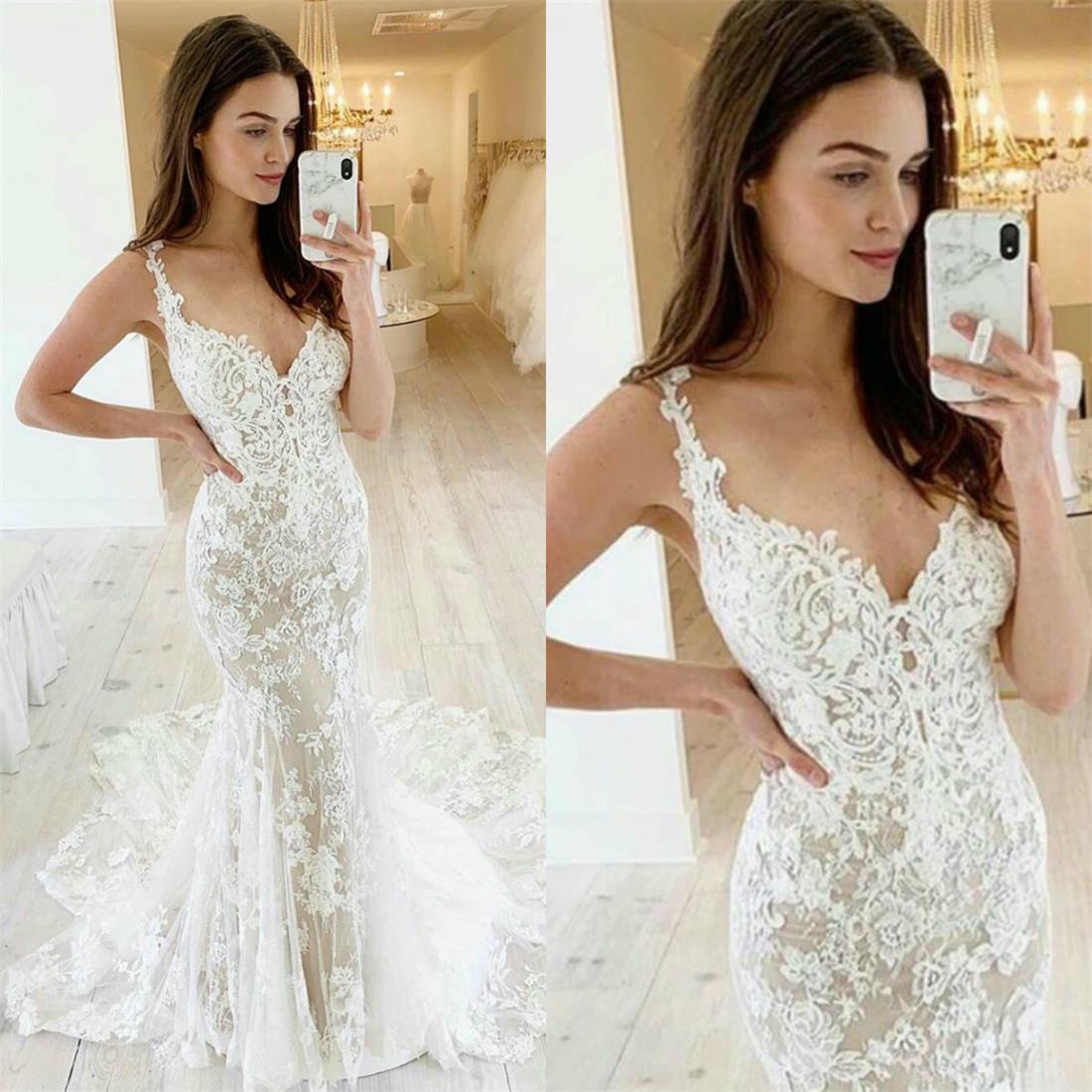 2020 Sexy Mermaid Wedding Dresses Lace Appliques Plunging Neckline Beach Wedding Dress Illusion Vestidos De Novia
