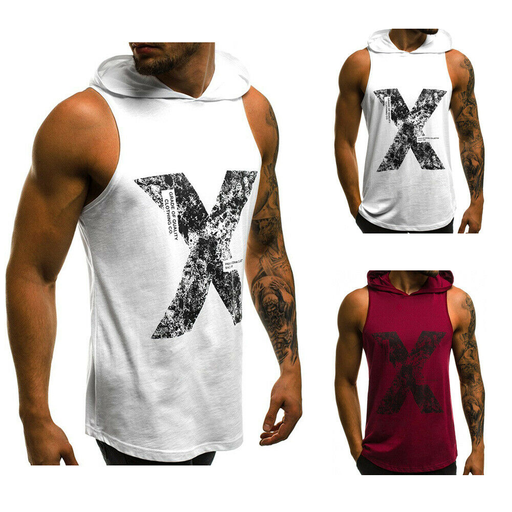 

Men T-shirt Vest Hoodie Muscle Sleeveless Bodybuilding Gym Tank Tops Hooded NEW