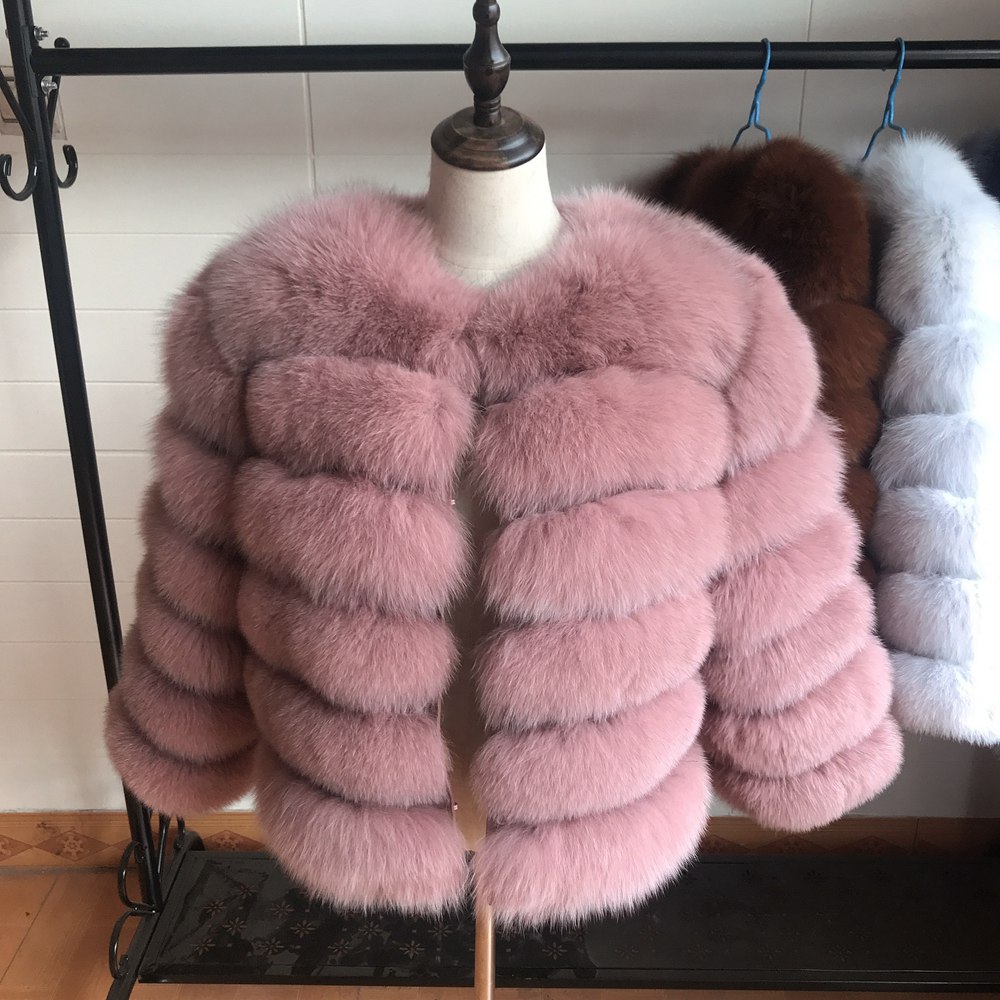 

2019 55CM New Women Warm Real Fox Fur Coat Short Winter Fur Jacket Outerwear Natural Blue Fox Coats for Women Hot Promotion, Pink