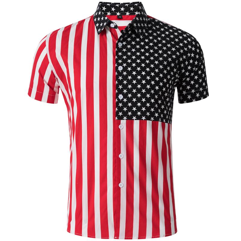 

Stars and Stripes Men Loose Beach Short Sleeve Shirt Casual Fashion Lapel Vertical Striped pure cotton Men Shirt Male, 01