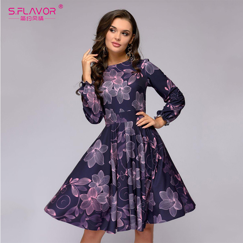 

FLAVOR Women printing A-line dress Elegant purple color ruffles long sleeve short dress New Autumn Winter vintage vestidos