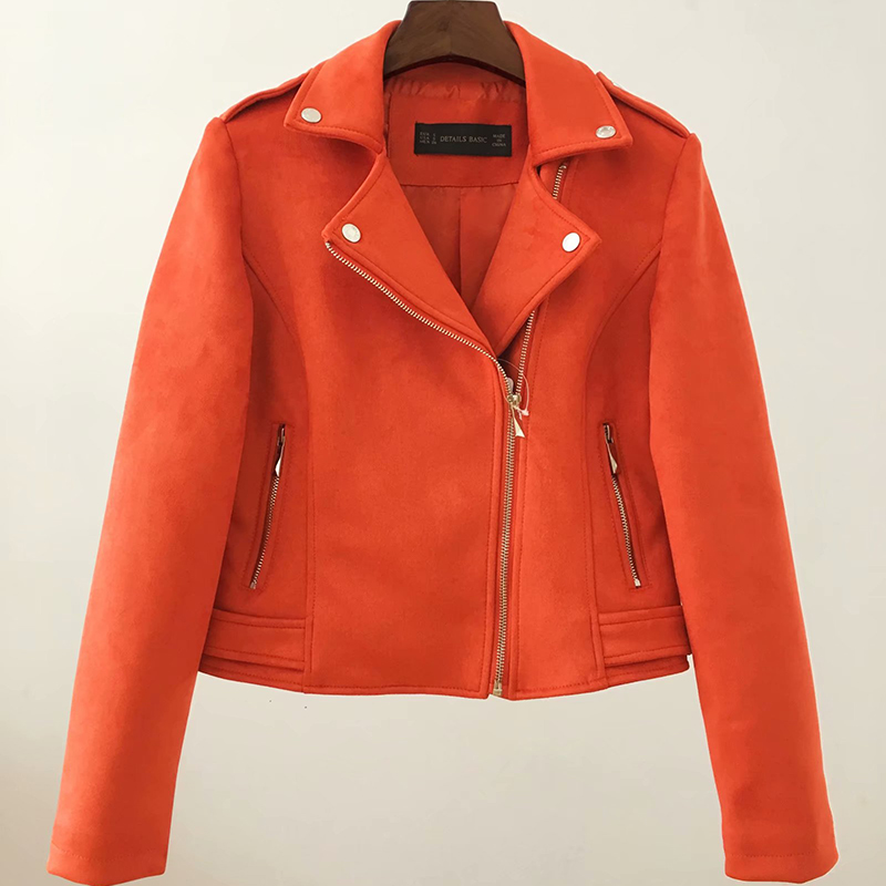

Women' Leather & Faux Long Sleeve Zipper Suede Coat Streetwear 2021 Autumn Women Biker Jackets Orange Outfit