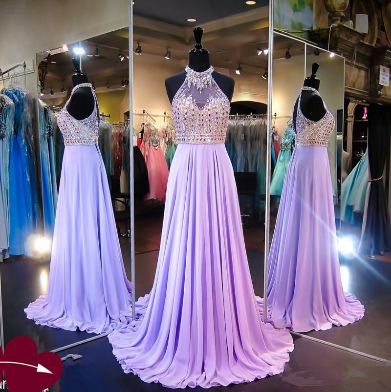 

Lavender Sexy Halter A Line Prom Dresses Luxury Beaded Chiffon Sweep Train Sheer Neck Custom Made Plus Size Evening Party Gowns, Purple