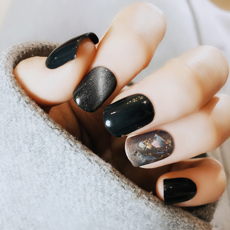 

ELECOOL 22pcs Finished Cat's Eye Conch Black UV Fake Nails Full Coverage Long Nail Tips Acrylic False Nail Patch Faux Ongles, As pic
