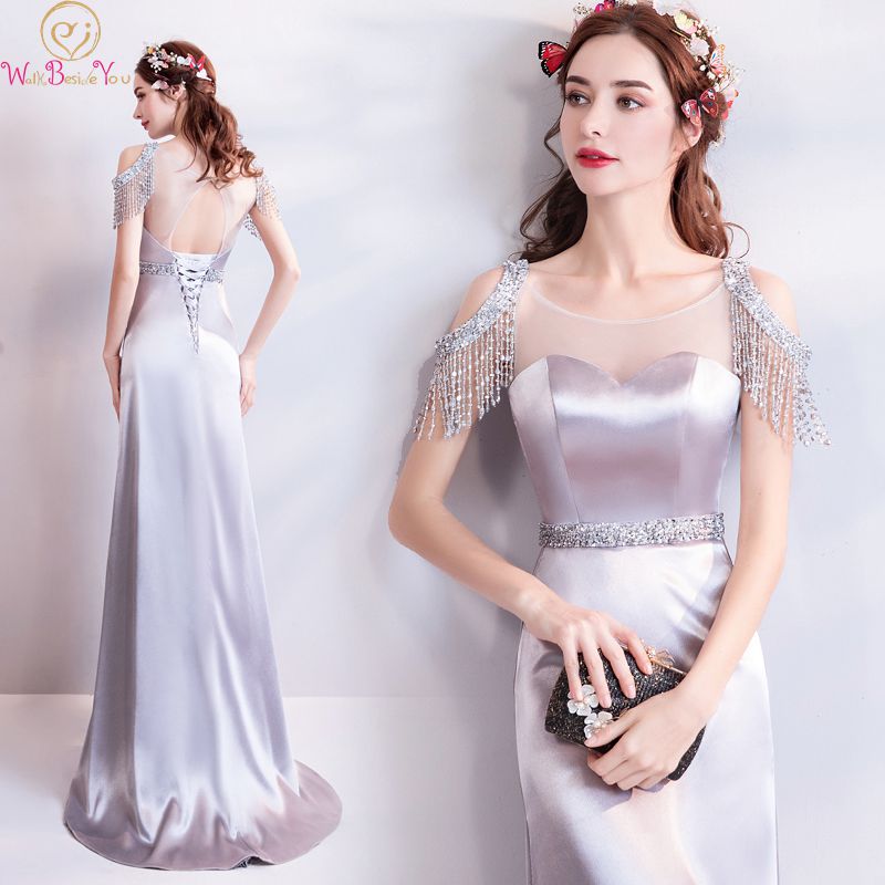 

Elegant Long Evening Dresses Woman 2020 Silver Red Off Shoulder Elastic Satin Mermaid Beading Belt Sweetheart Prom Gown Stock