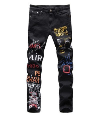 

2021 New Distressed Ripped Mens Designer Printed Slim Fit Jeans Denim Straight Graffiti Washed Destroyed Patches trousers, Black
