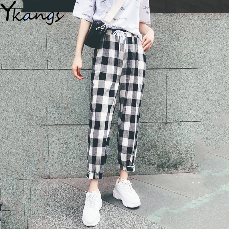 

Black White Plaid Print Harem trousers Women High Waist Casual joggers cargo Pants Korean Clothes Loose Drawstring sweatpants