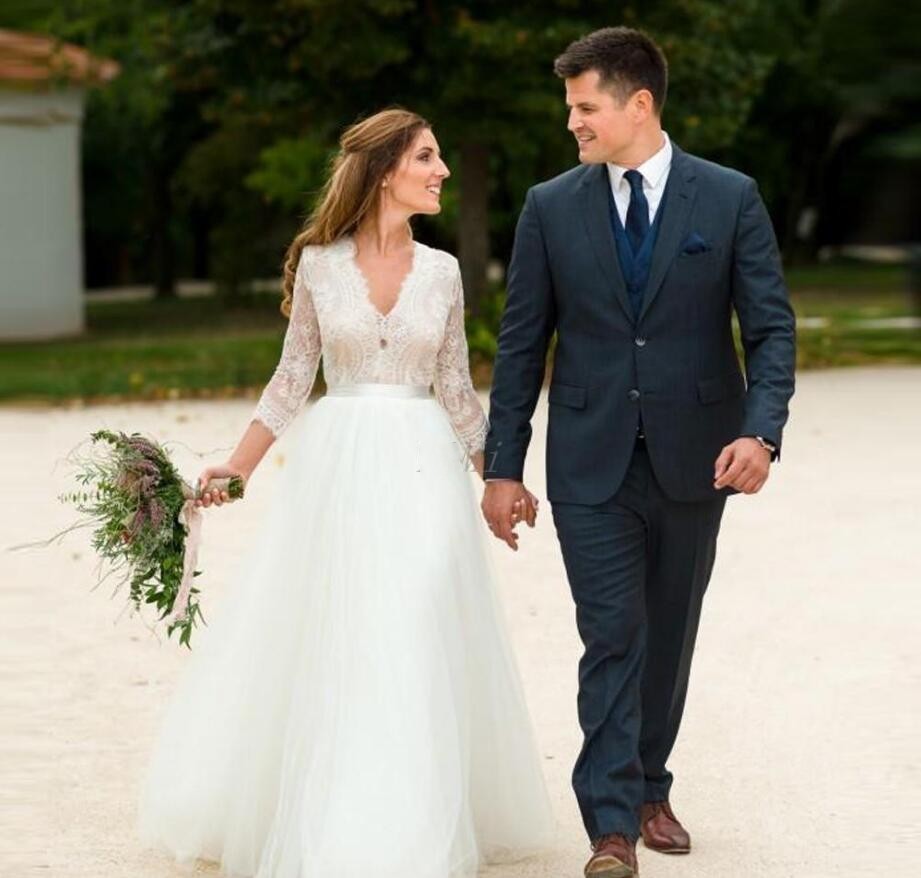 

Country Boho Wedding Dresses 2020 V Neck 3 4 Long Sleeve Floor Length Lace Garden Beach Country Bridal Gowns vestido de novia Summer, Dark navy