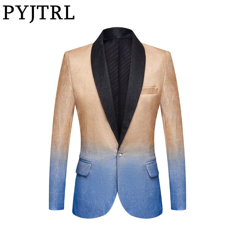 

PYJTRL Mens Fashion Gradient Color Shiny Gold Blue Champagne Pink Black Slim Fit Blazer Stage Singer Prom Dress Suit Jacket