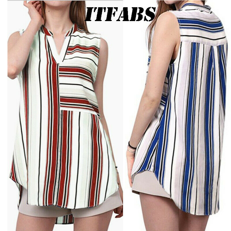 

Special Design Women Summer Blouse Sleeveless Vest Top Irregular Stripe Shirt Blouse Casual Office Lady Chiffon Blouse, White