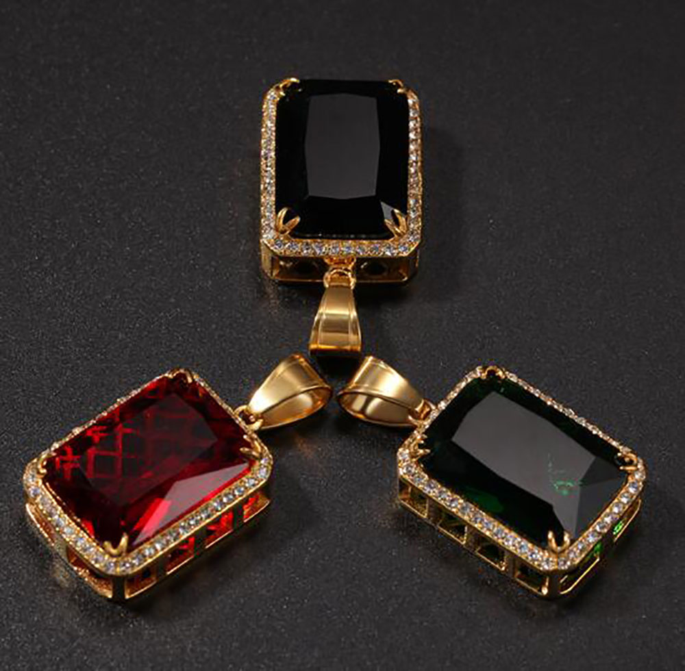 

Red Green Black Large Lab Ruby Rectangle GEM Pendant Bling Simulated Diamonds Ruby Jewelry 18K Yellow Gold Plated Necklace