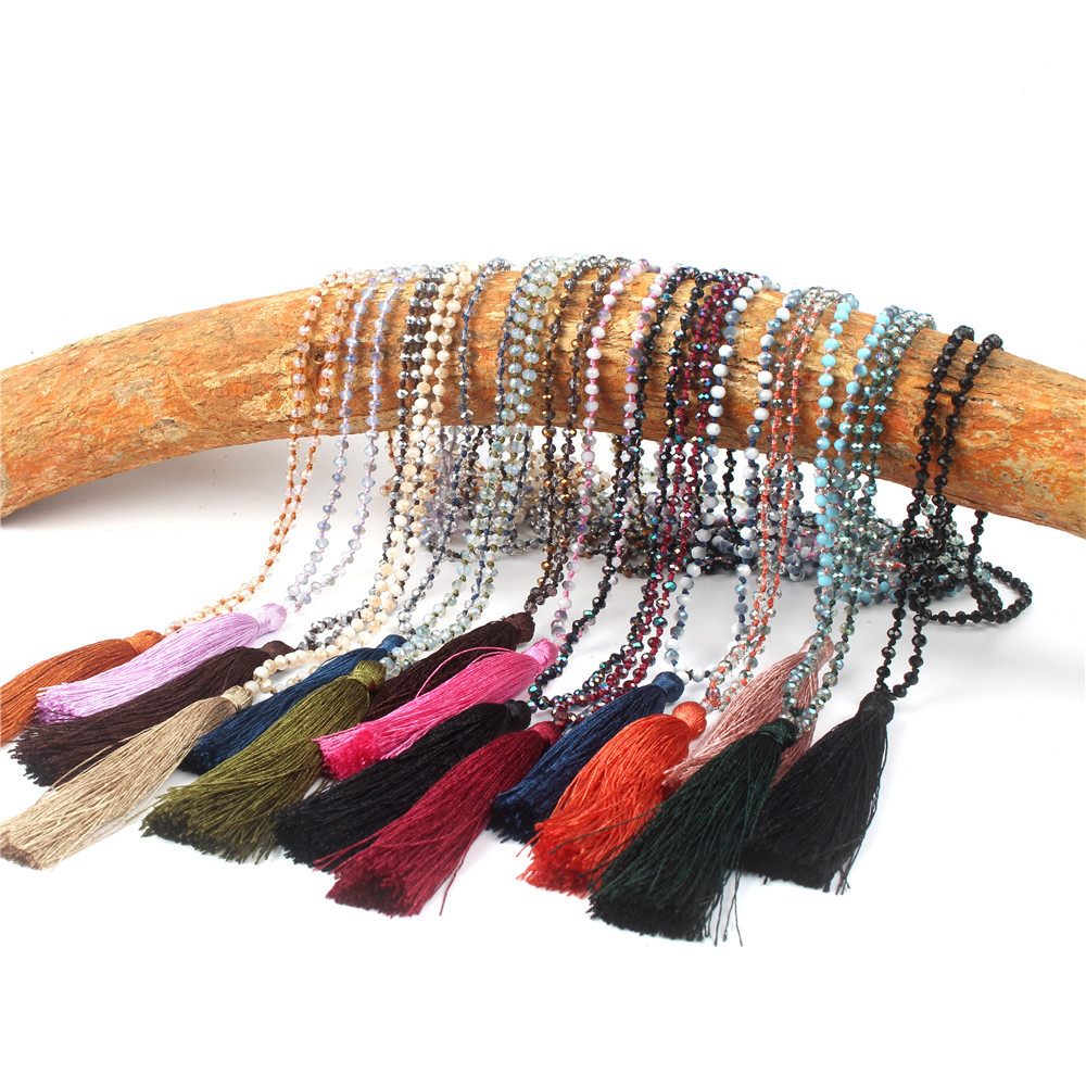 

Women Fashion Bohemian Pendant Necklaces Charm Crystal Glass Flat Bead Knot Tassel Pendant Holiday Long Necklace Boho Jewelry Accessories, Silver