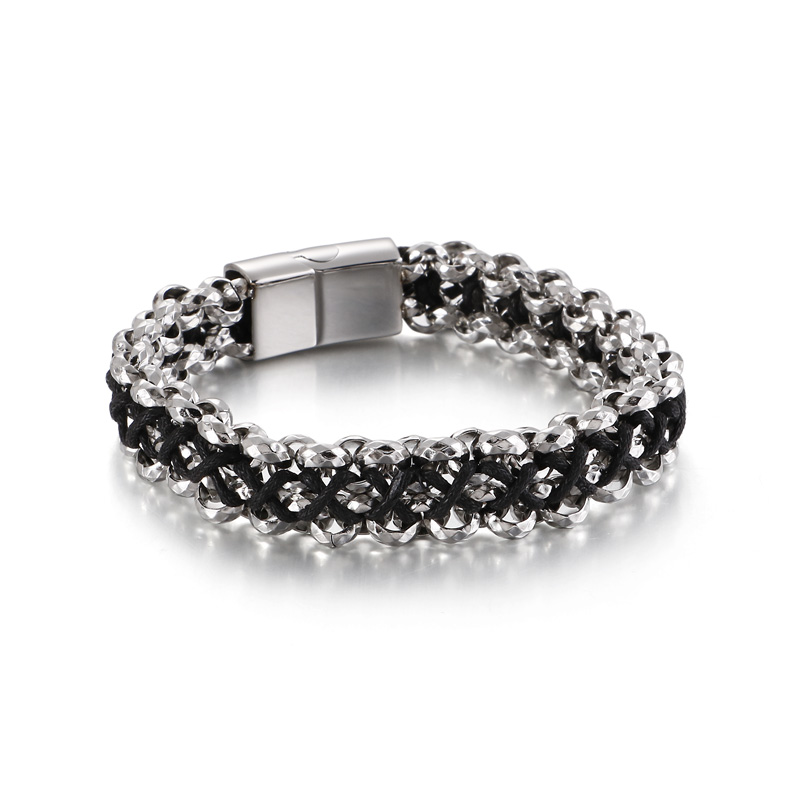 

New Fashion Men Punk Curb Chain Silver Color Gold Stainless Steel Hand knitted Black Rope chain Twist Bracelets Pulseras Jewelry