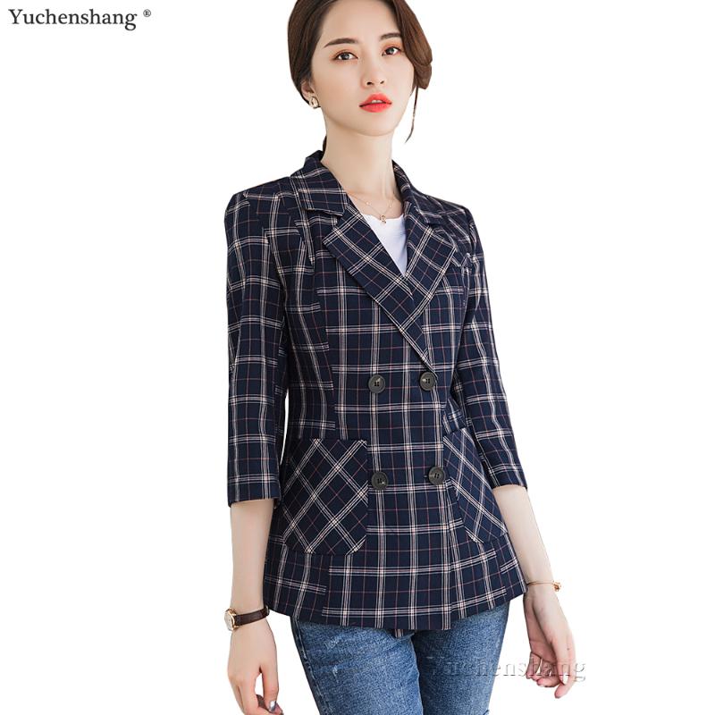 

2020 New High-quality Plaid Jacket with Pocket Office Lady Casual Blazer Women Wear Double Breasted Female Tops, Blue stripe blazer