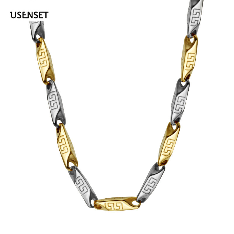 

USENSET Brand New Men's Stainless Steel Chain Necklace Stick Link Chain Gold Silver Great Wall Grain Fine Charm Jewelry