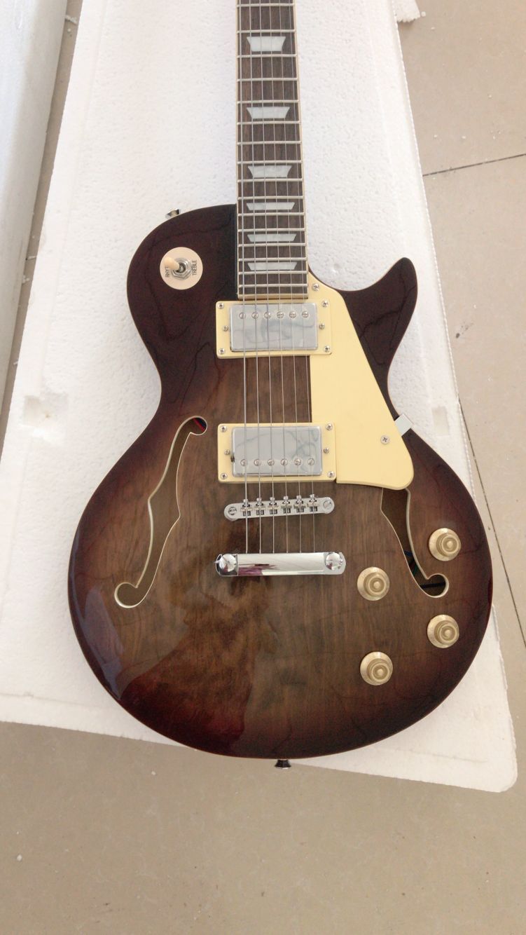 

Custom Shop Slash Cobra Naja Walnut Brown Jazz Electric Guitar Semi Hollow Body, Double F Hole, Chrome Hardware, White Pearl Trapezoid Inlay