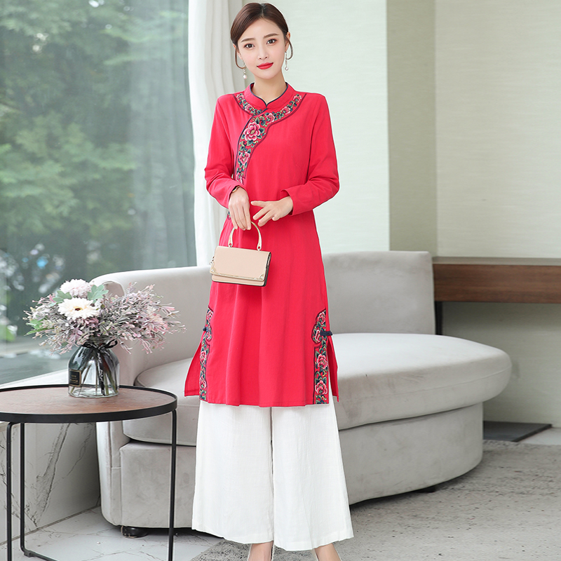

2020 Spring New Chinese Style Women Dress Retro Embroidered Long Sleeve Floral Cheongsam Dress Elegant Lady Modern Qipao Quality, White pants