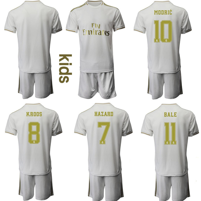 

Custom Kids 2019 2020 Football Kits Spain Real Madrid Home 11.BALE 10.MODRIC 8.KROOS 7.HAZARD Youth Junior Soccer Jerseys camisa de futebol