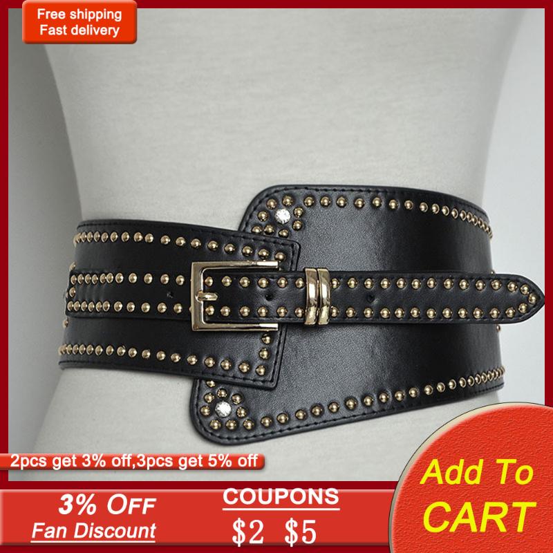 

Belts Design Buckle Rivet Wide Waist Bands Cool Girls Gothic Back Punk Fashion Accessories Elastic Women 2021 92*12cm, Black