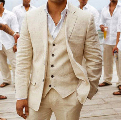 

New Design Beige Linen Men Suits Wedding Suits Prom Party Groomsmen Custom Made Big Size Tuxedo Set Slim Fit Casual Best Man, Grey