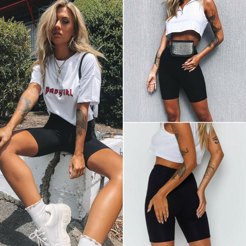

Summer Women' Cycling Shorts Stretch Plain Casual Sports Fitness Ladies Elastic Waist Elastic Black Slim Shorts, As pic