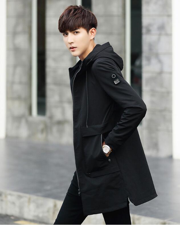 

5XL ! 2019 Autumn coat windbreaker men's long Korean version self-cultivation hooded Hooded Coat youth trend handsome students, Black