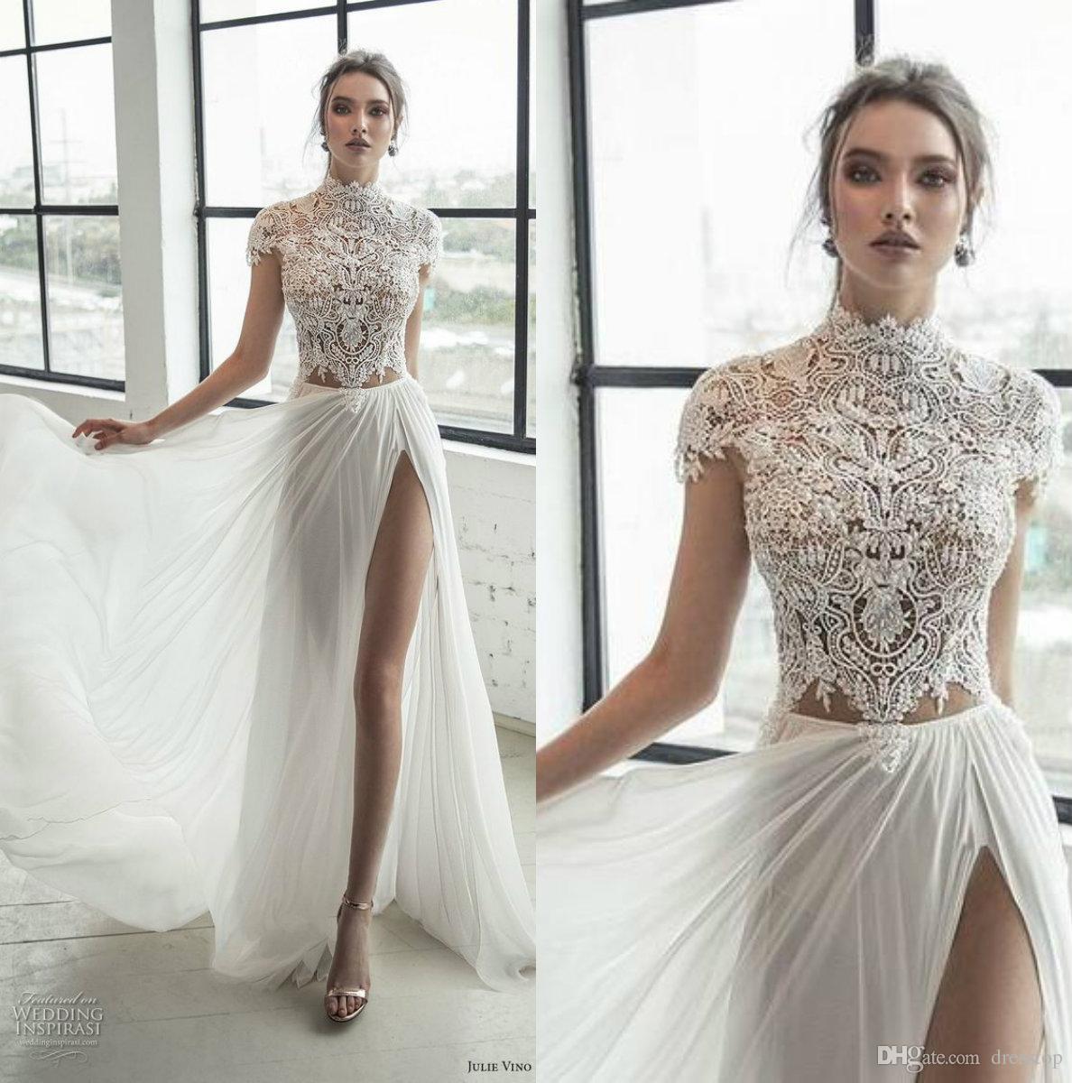 

Julie Vino Lace Wedding Dresses High Neck Cap Sleeve Slit abiti Beach Bridal Gowns vestidos A Line Princess Country Wedding Dress Plus Size, White