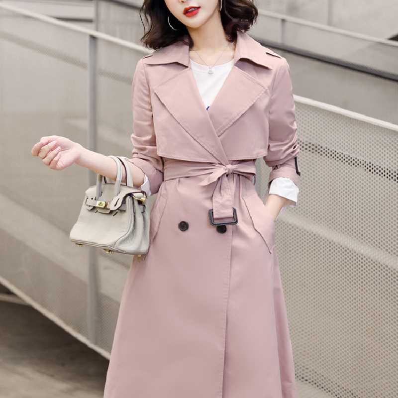 

2020 New Autumn Women Mid length Sleeve Windbreaker Female large Size Outwear Ladies lapel Lace Up Jacket Girls Elegant Coat, Blue