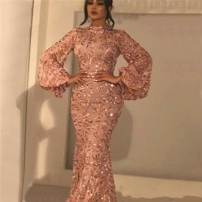 

Elegant High Neck Lace Mermaid Long Prom Dresses Long Sleeves Sequins Floor Length Formal Party Prom Dresses, Red