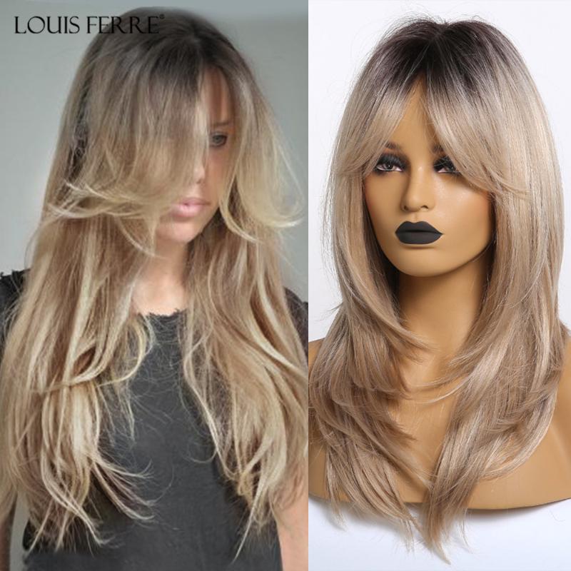 

LOUIS FERRE Synthetic Wigs Long Wavy Ombre Black Brown Blonde Ash Wigs with Bangs for Black Women Afro Heat Resistant False Hair, Lc201-1
